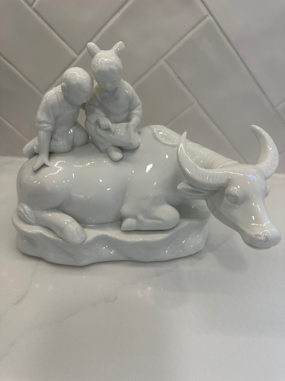 RARE Chinese Cultural Revolution Blanc de Chine Statue Brother Sister Ox Reading